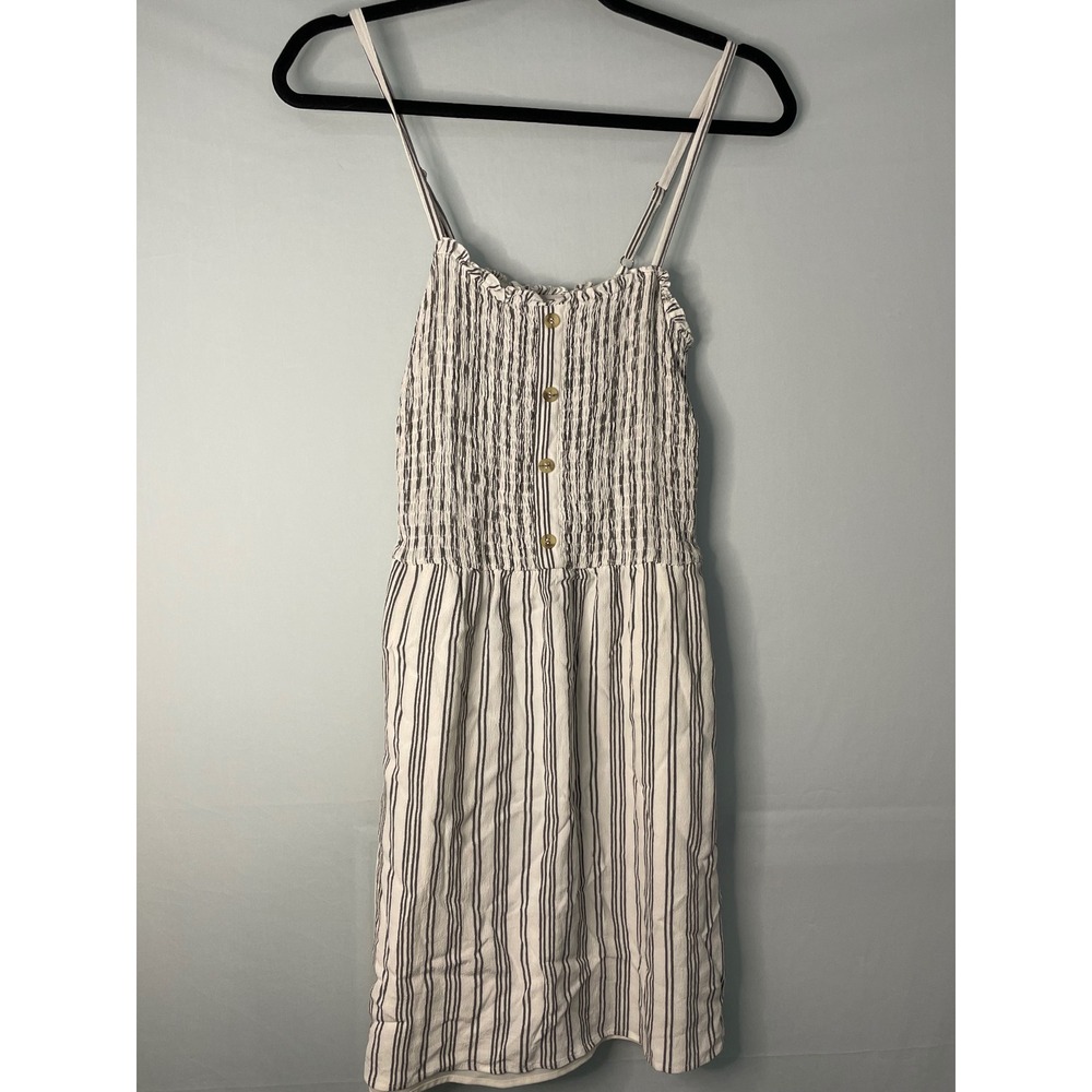 Hollister Striped Smocked Sundress Midi Spaghetti Strap Button Front Pockets M‎